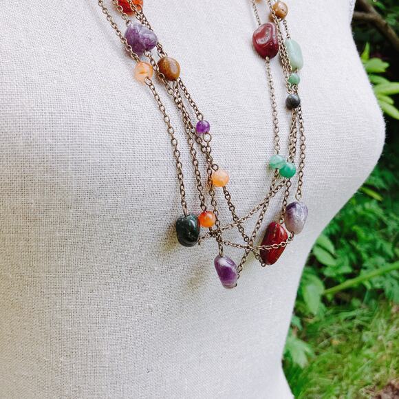 Vintage Y2K Boho Gemstone Necklace Long Tumbled Stone Beads Chain Layering - Picture 6 of 11